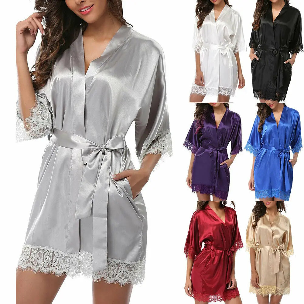 Women Night Gown Satin Robe Bathrobe Satin Nightgown Halt Sleeve Pajamas Lingerie Night Mini Dress Lace Sexy Sleepwear hot sale