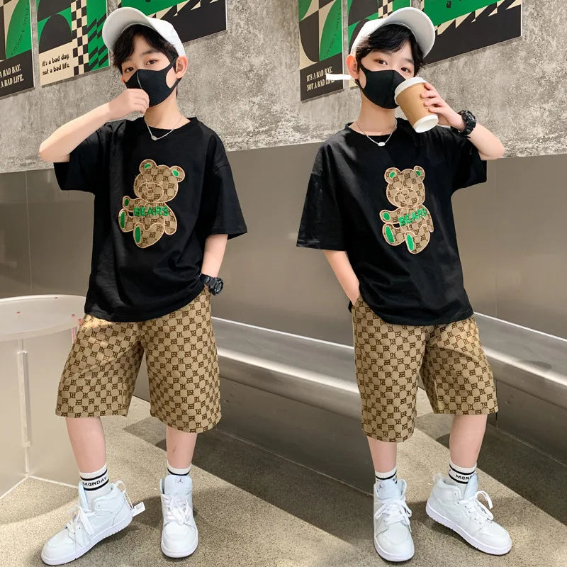 Boys Summer Sportswear Suit Kids Short Sleeve T-shirt+Shorts 2pc Casual Boy Tracksuit Children Clothing Outfit 6 8 9 10 12 Years