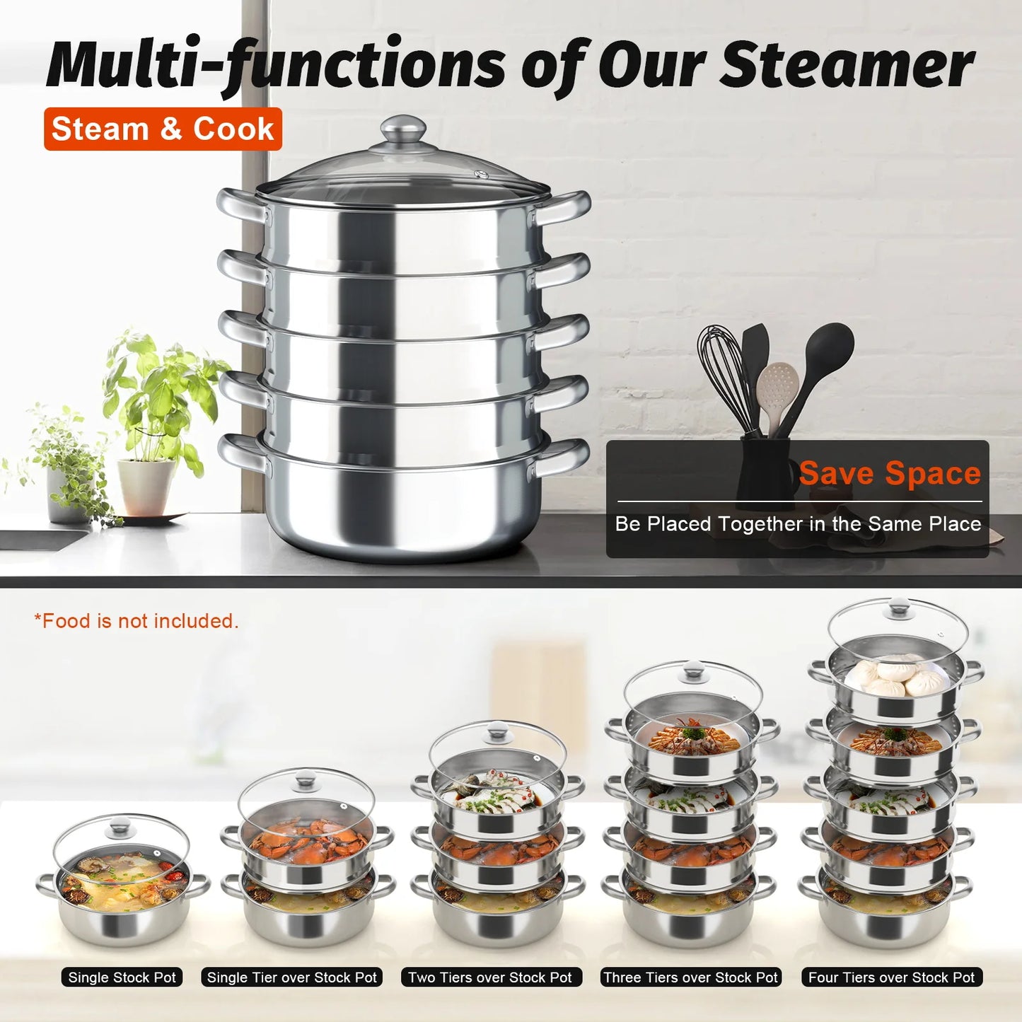 26/28/30/32cm 5 Tier Steame Cooker Steamer Pan Cook Food Veg Pot Stainless Steel Silver w/Glass Lid