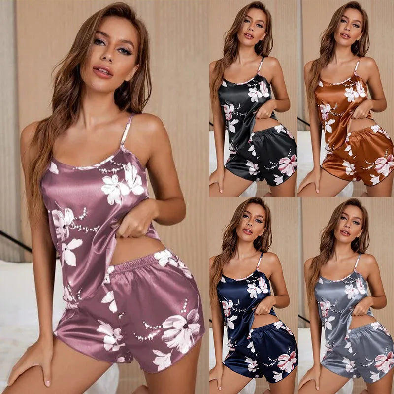 Ladies Satin Pajama Sexy Cami Vest Shorts Lingerie Pyjamas Pj Sets Summer Women Pajamas 2 Piece Set Pijama For Woman Sleepwear