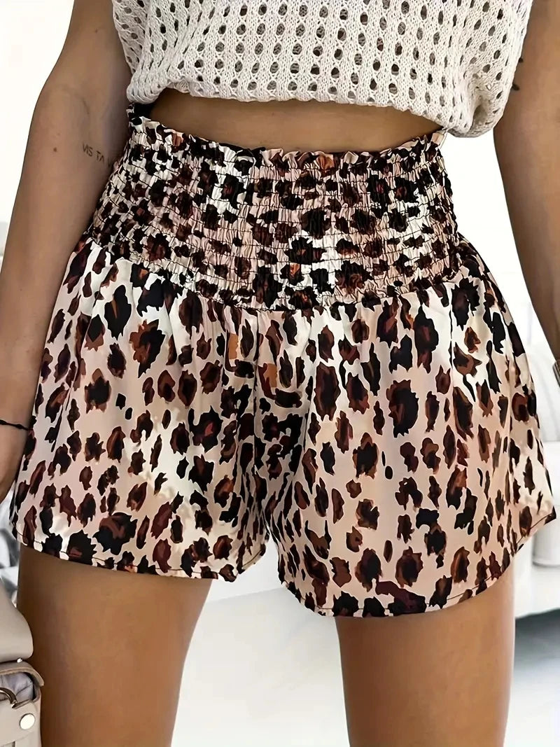 Spring and summer 2024 ladies leopard print high-waisted slacks casual stretch waist pull shorts