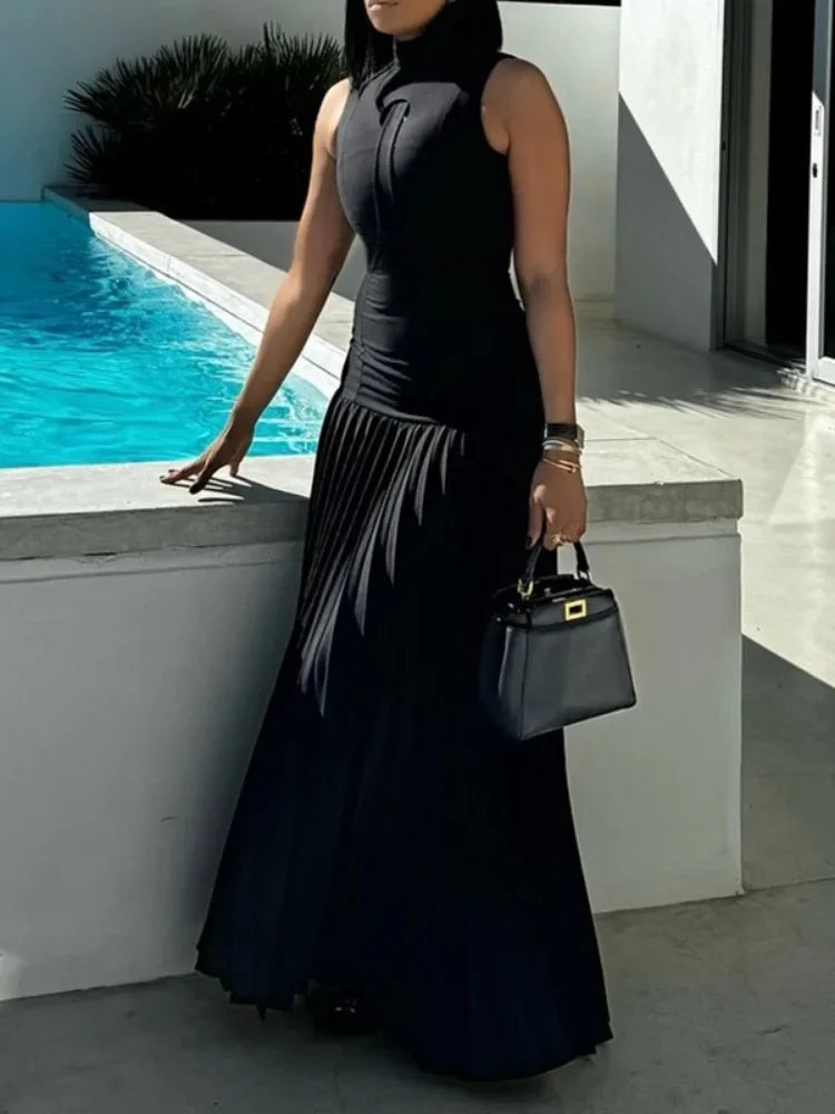 Gymystars 2024 New Women's Bodycon Dress Solid Black High Neck Sleeveless Pleated A-line Dress Summer Elegant Evening Dresses