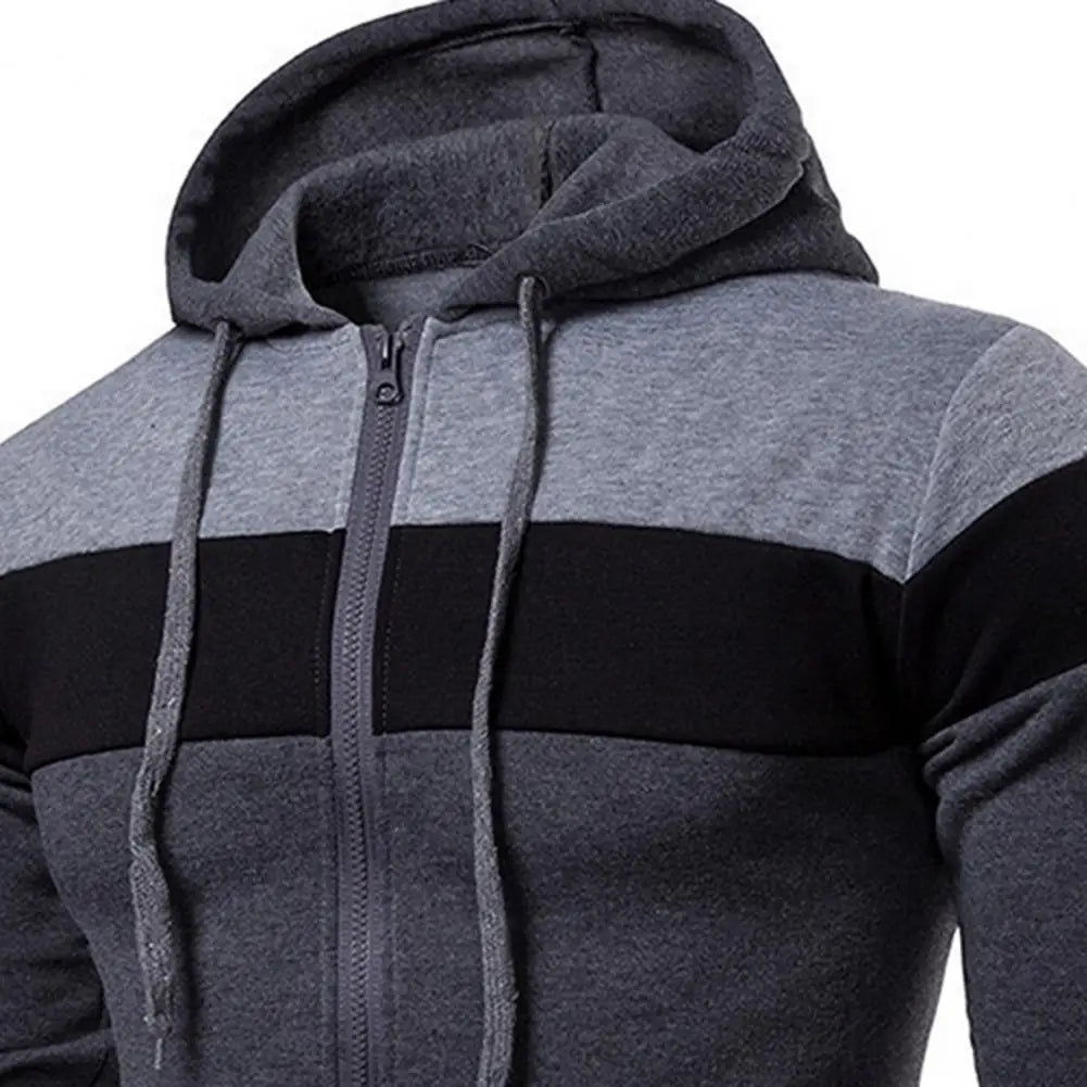 Men Autumn Hoodie Coat Hooded Patchwork Color Drawstring Long Sleeve Pockets Zipper Placket Sweatshirt Jacket Casual Outwear