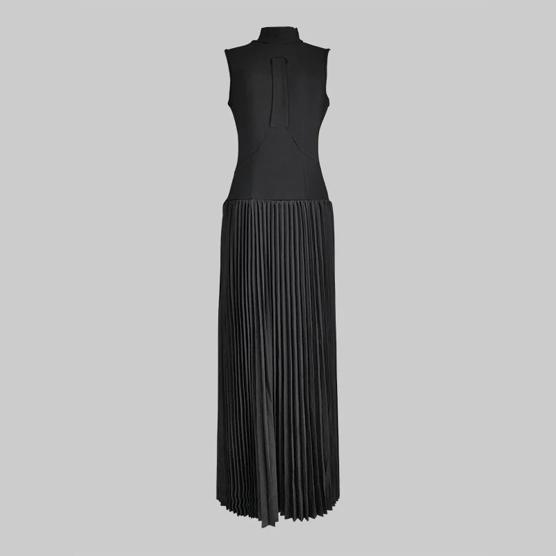 Gymystars 2024 New Women's Bodycon Dress Solid Black High Neck Sleeveless Pleated A-line Dress Summer Elegant Evening Dresses