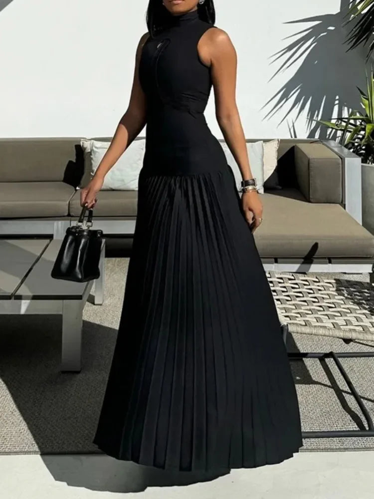 Gymystars 2024 New Women's Bodycon Dress Solid Black High Neck Sleeveless Pleated A-line Dress Summer Elegant Evening Dresses