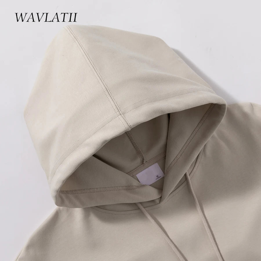 WAVLATII Women New Oversized Streetwear Hoodies Female Khaki White Solid Soft Cotton Casual Sporty Hooded Tops for Autumn WH2276