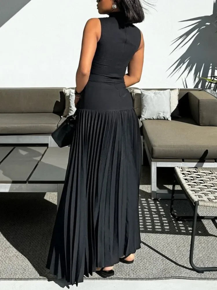 Gymystars 2024 New Women's Bodycon Dress Solid Black High Neck Sleeveless Pleated A-line Dress Summer Elegant Evening Dresses