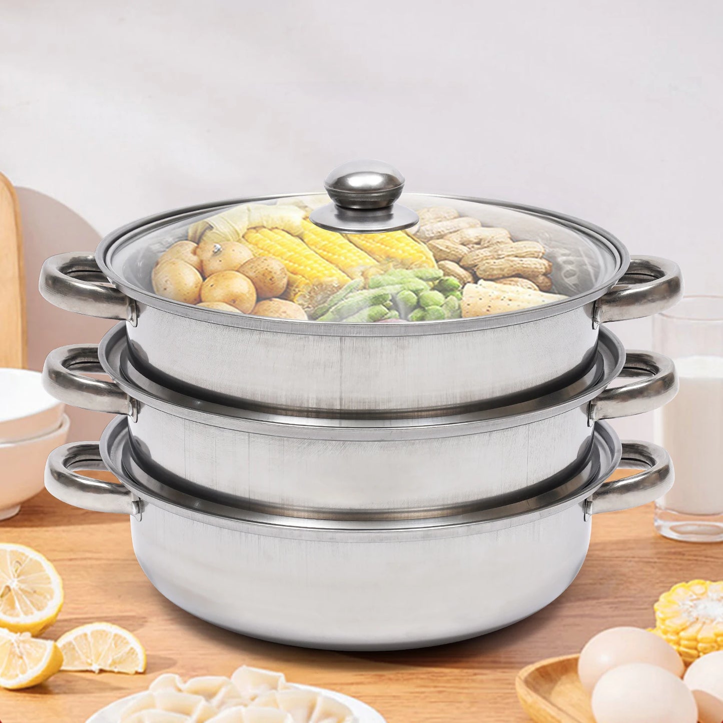 304 Stainless Steel 3 Tier Steamer Cooker Steam Pot Kitchen Food Cooking + Glass lid