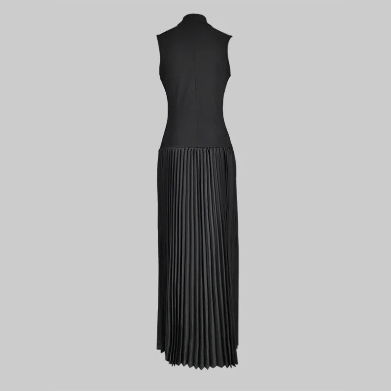 Gymystars 2024 New Women's Bodycon Dress Solid Black High Neck Sleeveless Pleated A-line Dress Summer Elegant Evening Dresses