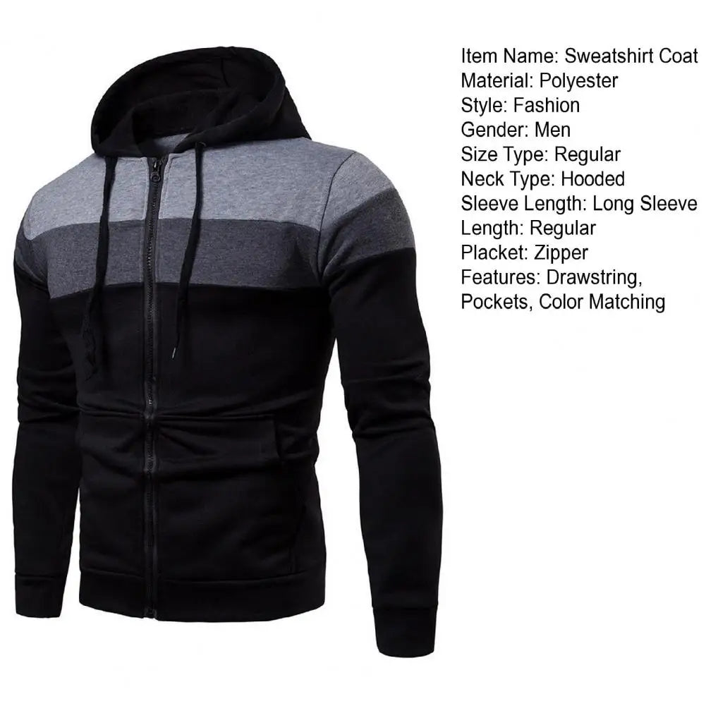 Men Autumn Hoodie Coat Hooded Patchwork Color Drawstring Long Sleeve Pockets Zipper Placket Sweatshirt Jacket Casual Outwear