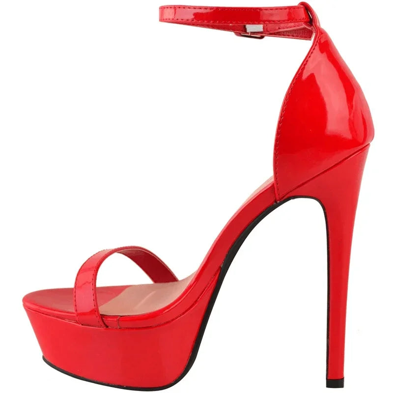 Women Sandals Sexy Open Toes 14cm Supper Flash High Heels Patent Leather Nighclub Platform Party Red Wedding Shoes Plus Size 44