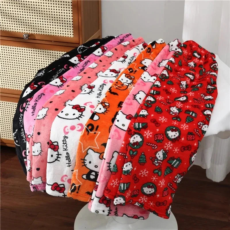 Sanrio Hello Kitty Flannel Pajamas Halloween Orange Women's Warm Woolen Cartoon Casual Home Pants In Autumn Winter Fashion Trous