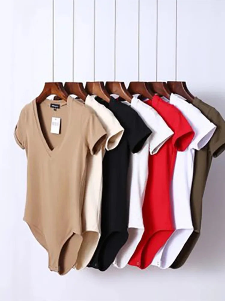 Summer New Sexy Solid Color Big V-neck Slim Slimming One-Piece Short-Sleeved T-Shirt Women's One-Piece Retro Shirt Dropshipping