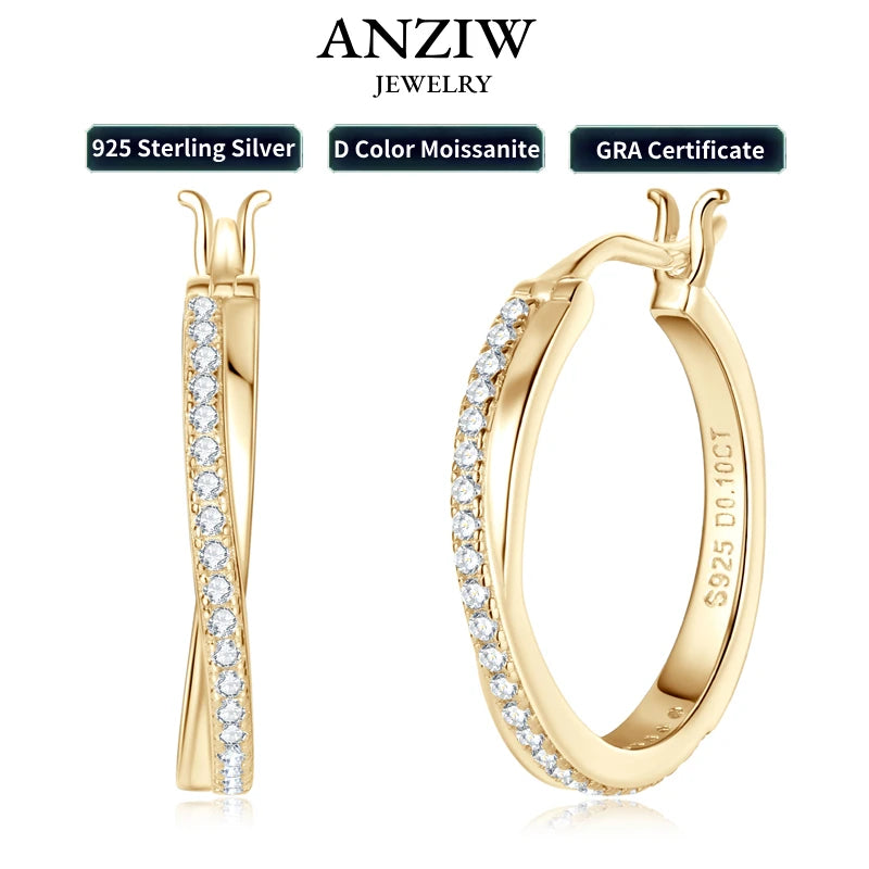 Anziw Classic Real Moissanite Hoop Earrings for Women 925 Silver 18K Gold Plated Clip Earrings Wedding Jewelry Gift 2024 New