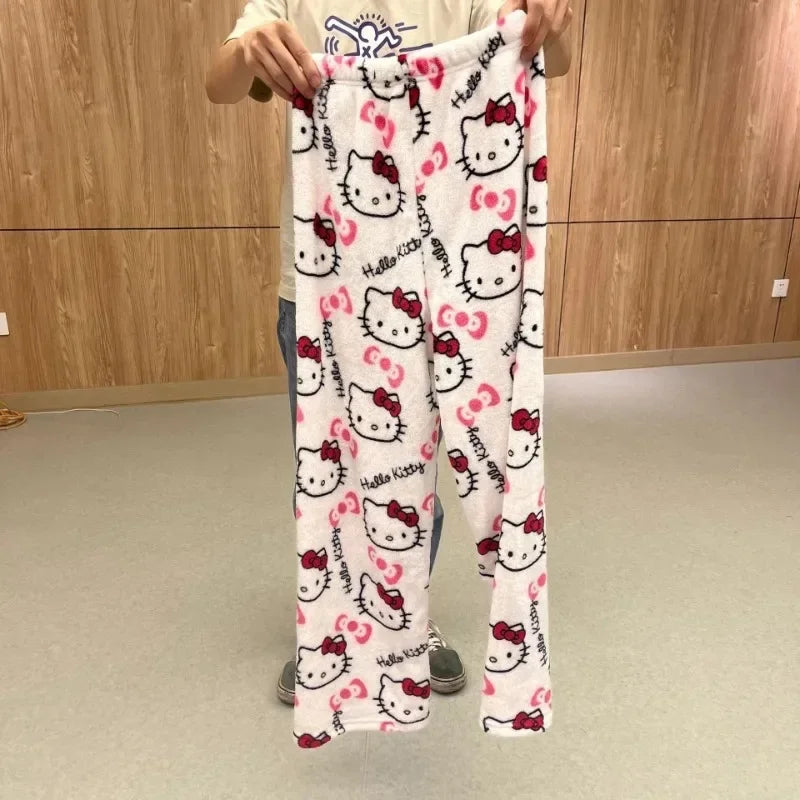 Sanrio Hello Kitty Flannel Pajamas Halloween Orange Women's Warm Woolen Cartoon Casual Home Pants In Autumn Winter Fashion Trous