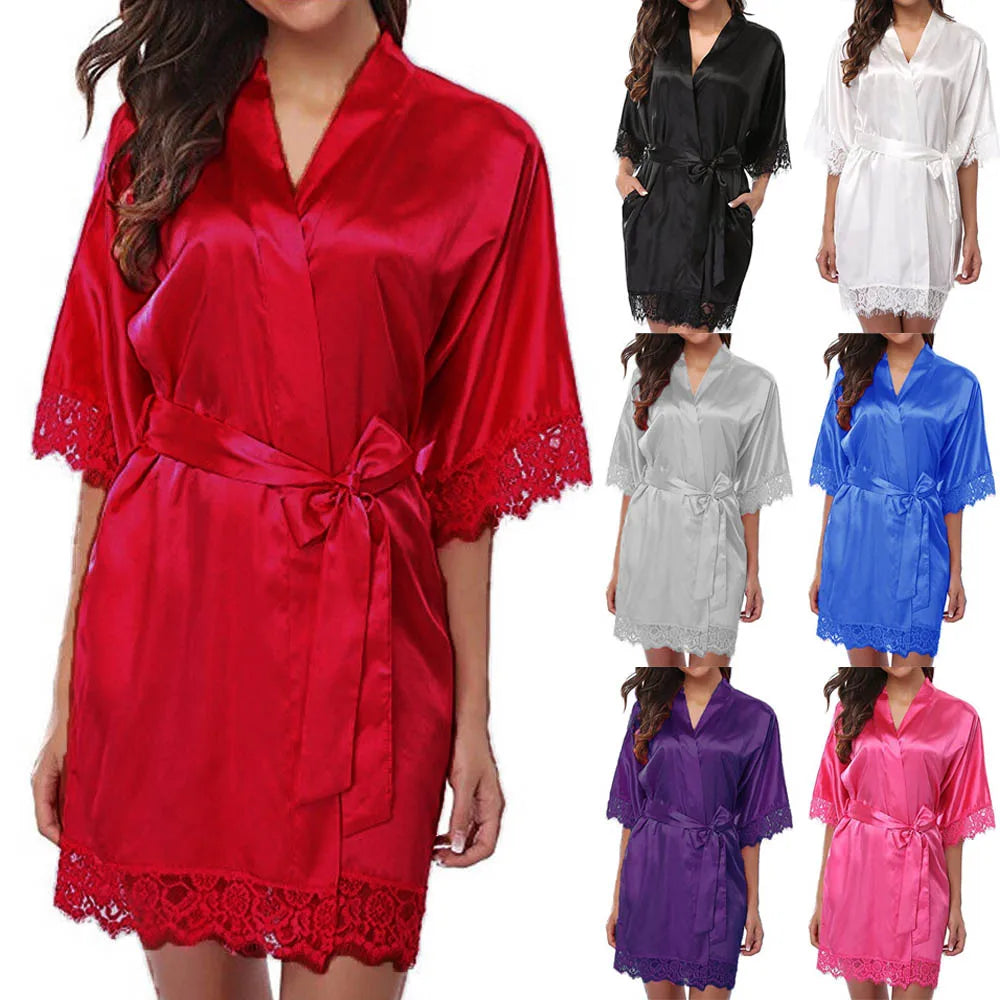 Women Sexy Silk Satin Lace Border Nightgown Pajamas Solid Color Smooth Robe Dress Skin-friendly Comfortable Exquisite Nightwear