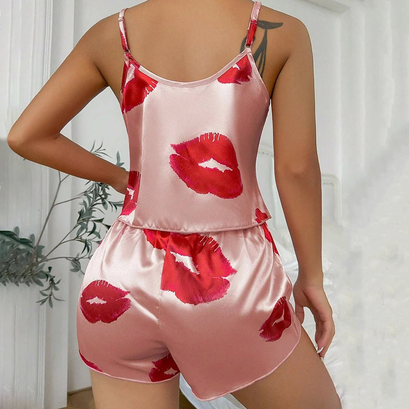 Women's Cute Heart Print Satin Pajama Set - V Neck Cami Top and Elastic Shorts for Comfortable Sleep and Lounging Homewear