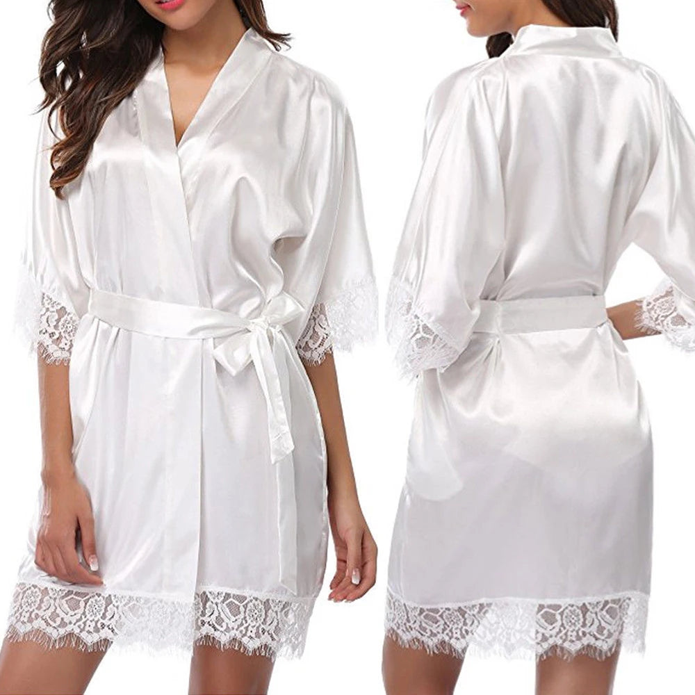 Women Sexy Silk Satin Lace Border Nightgown Pajamas Solid Color Smooth Robe Dress Skin-friendly Comfortable Exquisite Nightwear