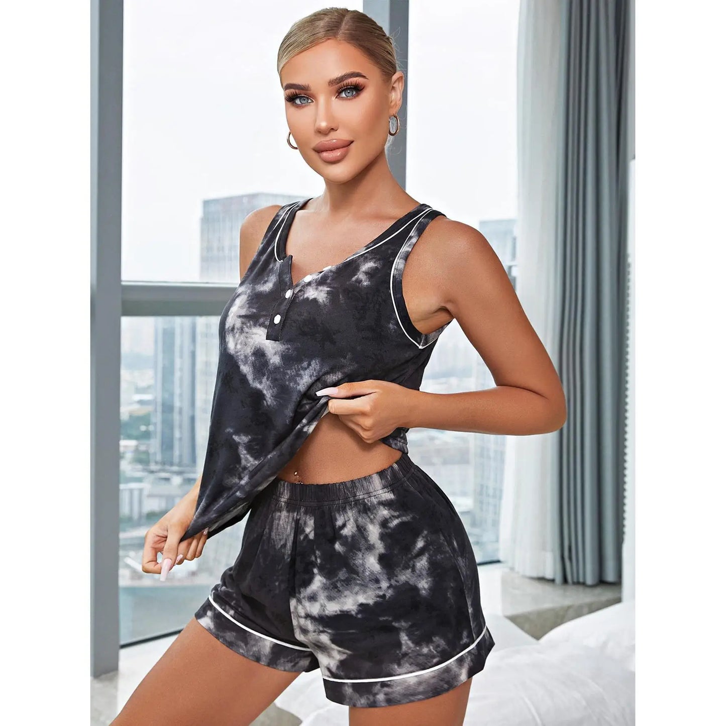 Sexy Black Pajama Sets Shorts Set Women Home Clothing Outfit Lounge Pijama Sleepwear Pyjama