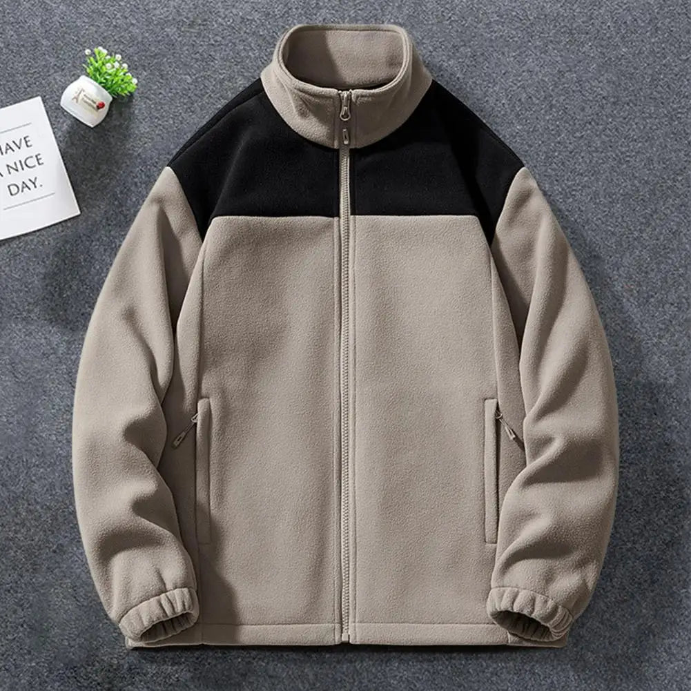 Men Jacket Autumn Winter Jacket Stand Collar Colorblock Jacket Long Sleeve Thick Loose Elastic Cuff Coat Men's clothing