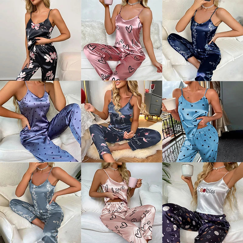 Women's Pijamas set Sexy Floral Pajama two-Piece set Sleepwear Pyjamas Silk Satin Cami Pajamas suit Pyjama Femme Pijama Mujer PJ