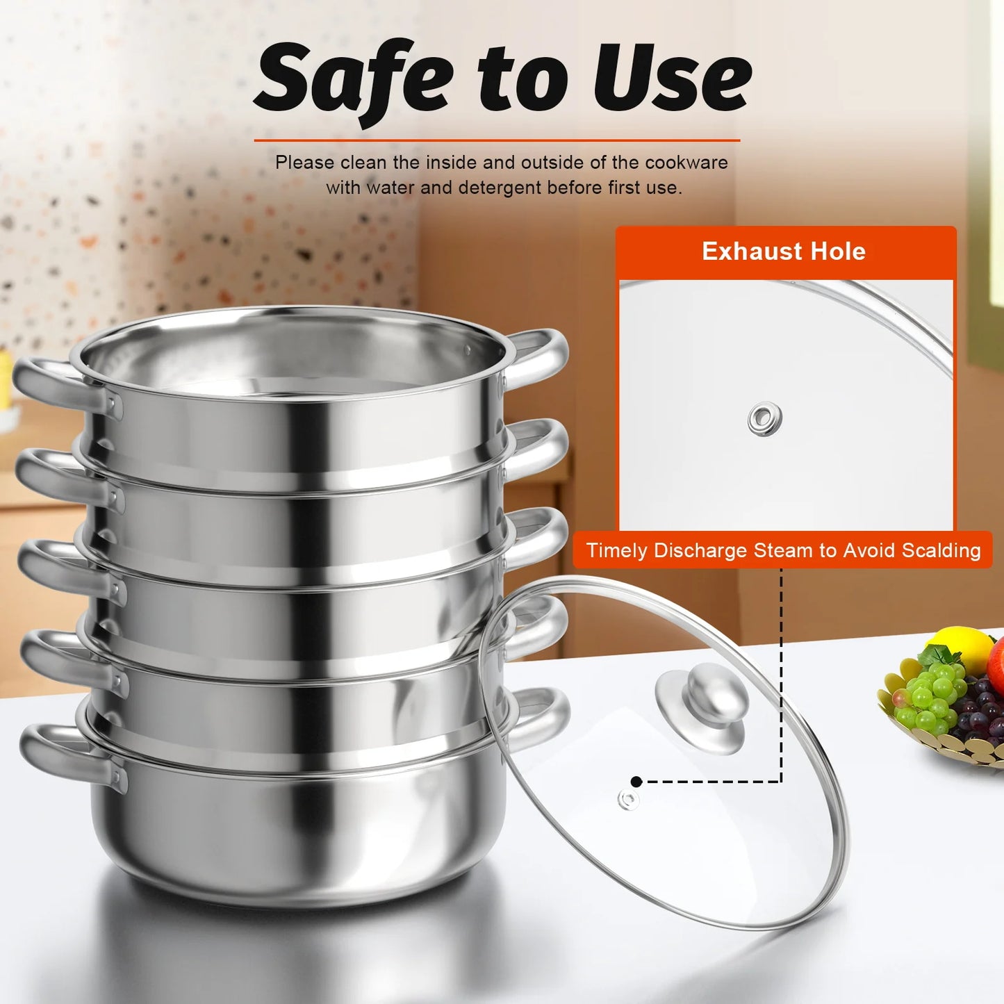 26/28/30/32cm 5 Tier Steame Cooker Steamer Pan Cook Food Veg Pot Stainless Steel Silver w/Glass Lid