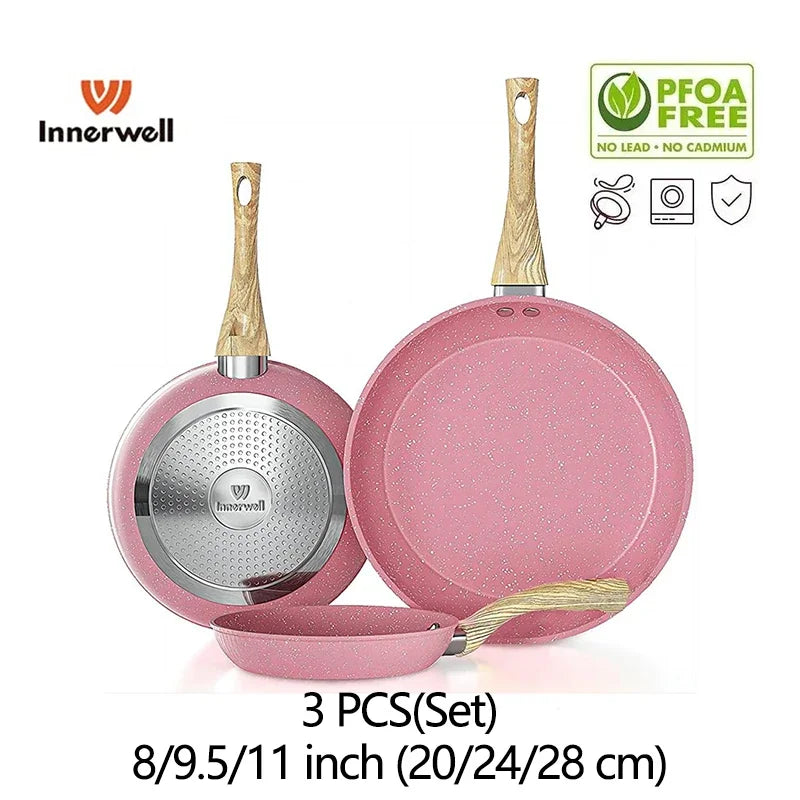 Innerwell Frying Pan Sets 8/9.5/11inch Nonstick Nontoxic Cookware Breakfast Steak Fried Egg Skillet Kitchen Gourmet Cooking Pots